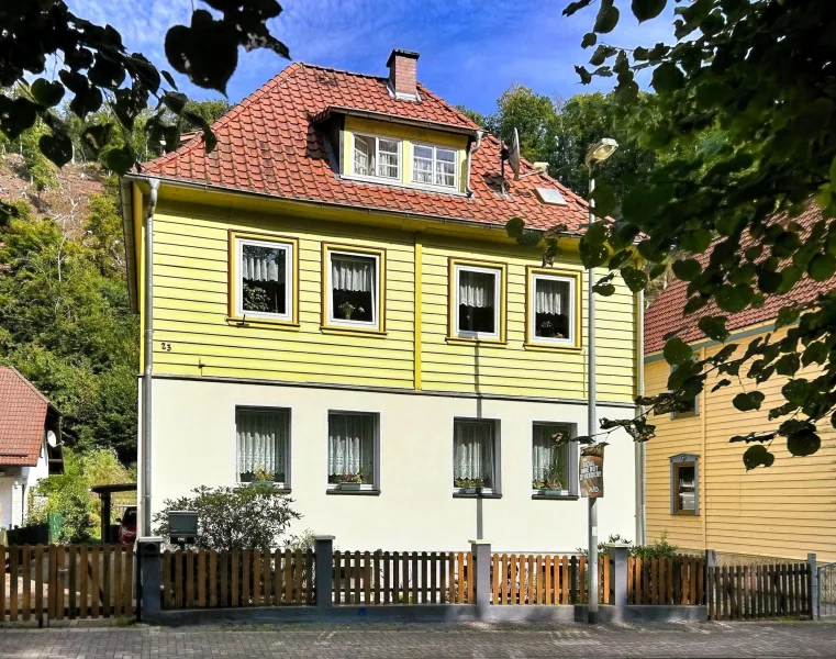 Ansicht Straßenseite - Haus kaufen in Ellrich - Gepflegtes Einfamilienhaus mit Einliegerwohnung in ruhiger Waldrandlage