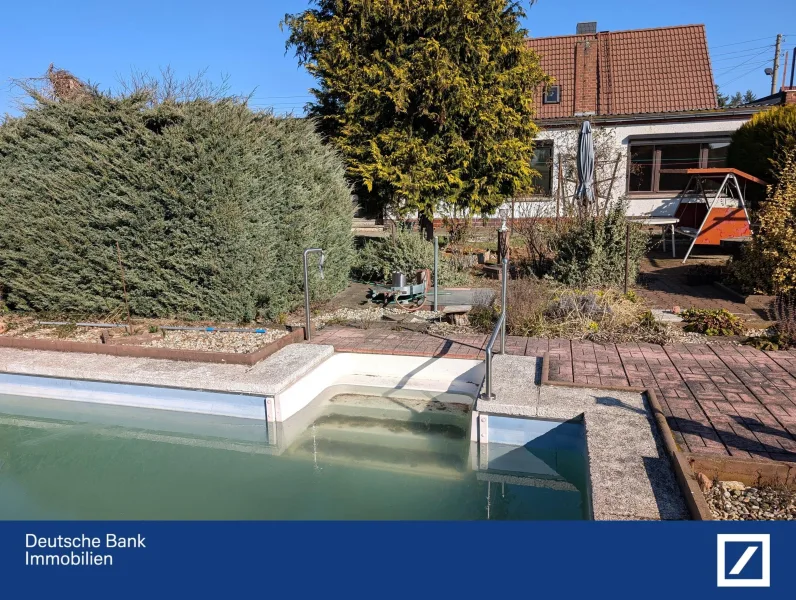 Gartenseite mit Pool - Haus kaufen in Lutherstadt Wittenberg - Freistehend + ruhige Lage in der Stadtrandsiedlung