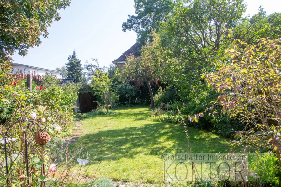 Blick in den Garten mit schönen Obstbäumen