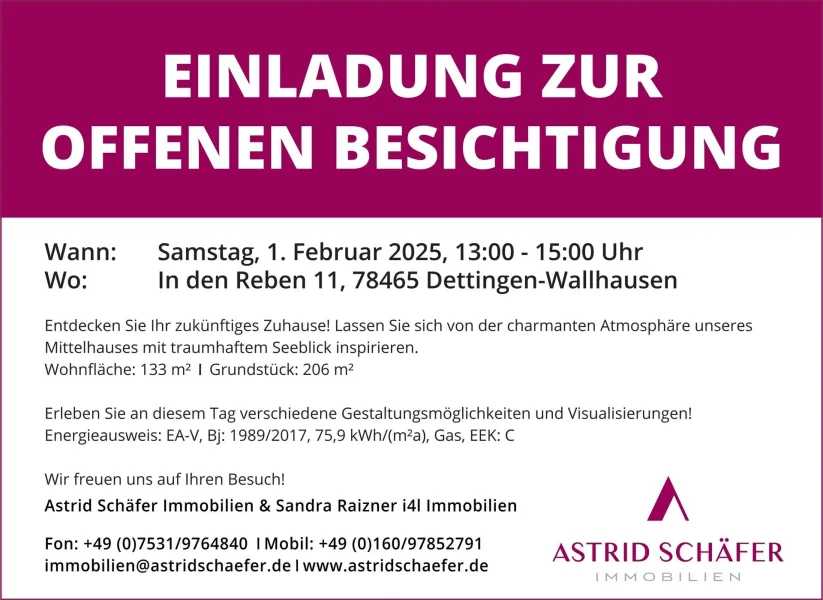 Einladung - Haus kaufen in Konstanz-Wallhausen - Einladung zur offenen Besichtigung am 1. Februar 2025