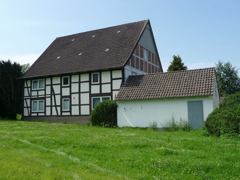 Seitenansicht - Haus kaufen in Dörentrup - Freiraum für individuelles Wohnen !Einfamilien-Fachwerkhaus mit großem Garten-/Natur-Grundstück in Dörentrup