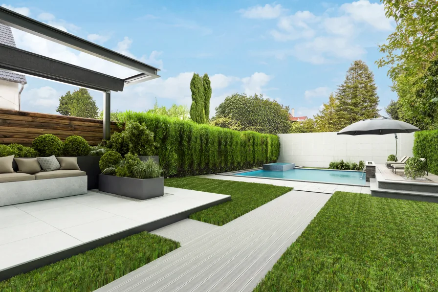 Visualisierung Garten mit Loungebereich und Pool