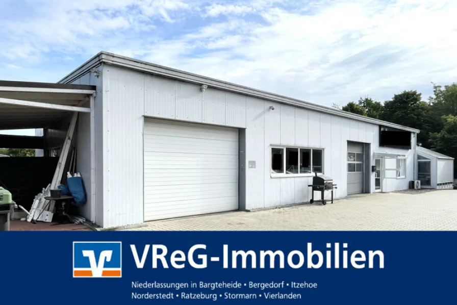 Halle Stirnseite VReG - Halle/Lager/Produktion kaufen in Ratzeburg - Großer Winkelbungalow und Gewerbehalle 12x24 mit Außenfläche 2489 m² in Ratzeburg Gewerbegebiet