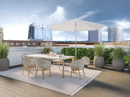 Private Dachterrasse Impression - Wohnung kaufen in HafenCity, Hamburg - Großzügig geschnittene 2-Zimmer-Wohnung im Herzen des Westfield Überseequartiers