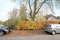 Zur Straße ist das Grundstück mit Hecke eingefriedet