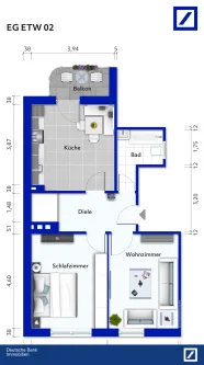 Illustration Grundriss - Wohnung kaufen in Düsseldorf - Vollständig renoviert: Schöne 2,5-Zi.-Wohnung mit großer Küche u. Wintergarten