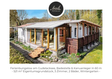 Freizeitbungalow - Haus kaufen in Lindow (Mark) - Möblierter Ferienbungalow am Gudelacksee: Eigentumsgrundstück, Badestelle & Kanuanleger vor der Tür