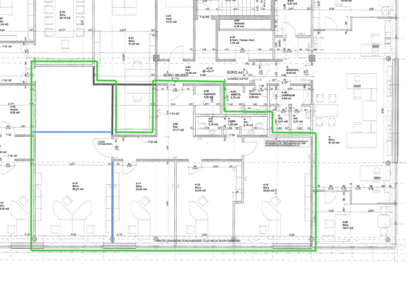 ca. 188 m², Glaswände blau markiert