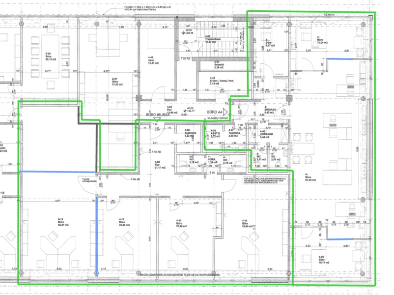 ca. 188 m² u. 129 m², Glaswände blau markiert