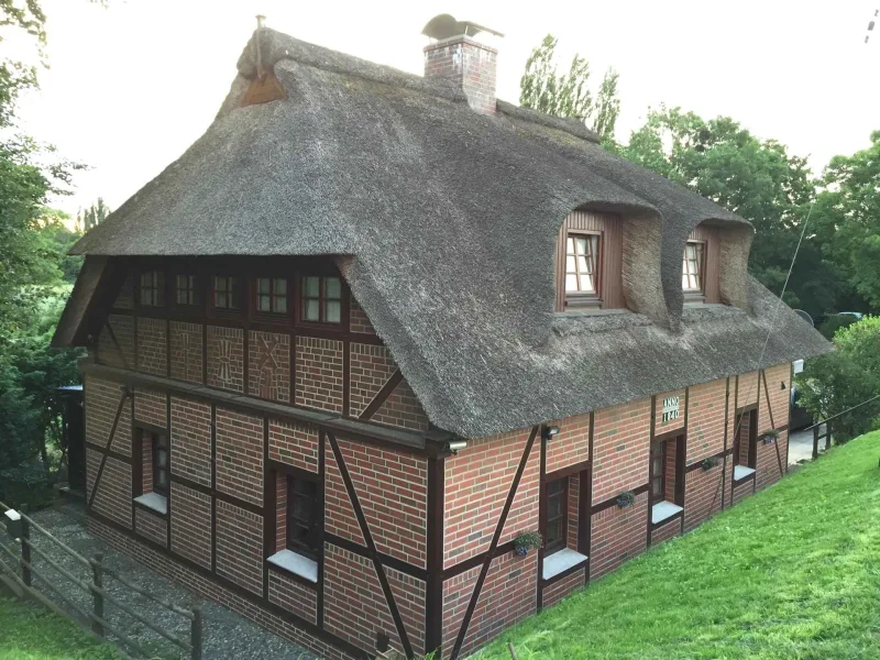 Straßenseite - Haus kaufen in Hamburg - Landliebe - Saniertes Reetdachhaus auf der Elbinsel Hamburg -Wilhelmsburg