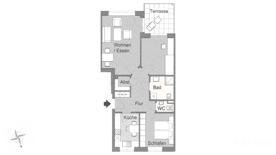 Grundriss Wohnung (Wohnbereich in zwei Zimmer geteilt)