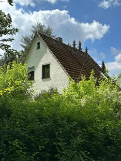Giebelansicht Wanderweg - Haus kaufen in Lübeck - Freistehendes Einfamilienhaus mit Sanierungsbedarf auf idyllisch gelegenem Erbbaugrundstück