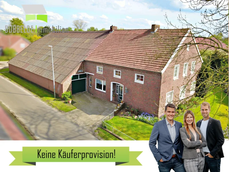 Luftaufnahme - Haus kaufen in Detern / Velde - Resthof in Detern mit 2 Wohneinheiten, großem Gulf und 30-kWp-PV-Anlage