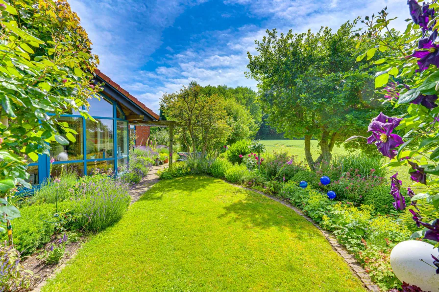 Sommer: Blick aus dem Wintergarten