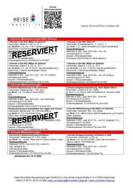 Mietübersicht Heise Immobilien 14.11.2024 - Wohnung mieten in Holzminden - *** UPDATE *** 14.11.2024 *** Aktuelle Mietübersicht ***  Heise Immobilien Holzminden