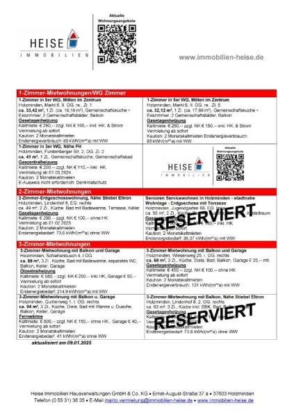 Heise Immobilien - Seit über 50 Jahren in 1. Adresse in Holzminden und Höxter - Wohnung mieten in Holzminden - *** UPDATE *** 09.01.2025 *** Aktuelle Mietübersicht ***  Heise Immobilien Holzminden