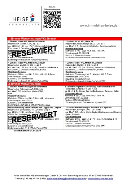 Heise Immobilien - Mietübersicht vom 21.11.2024 - Wohnung mieten in Holzminden - *** UPDATE *** 21.11.2024 *** Aktuelle Mietübersicht ***  Heise Immobilien Holzminden