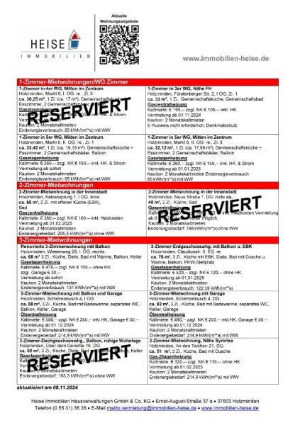 Mietübersicht Heise Immobilien - Stand 08.11.2024 - www.immobilien-heise.de - Wohnung mieten in Holzminden - *** UPDATE *** 08.11.2024 *** Aktuelle Mietübersicht ***  Heise Immobilien Holzminden