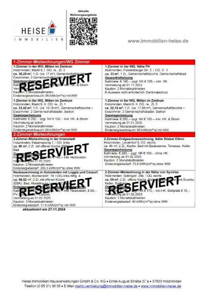 Mietübersicht Heise Immobilien - Stand 27.11.2024 - Wohnung mieten in Holzminden - *** UPDATE *** 27.11.2024 *** Aktuelle Mietübersicht ***  Heise Immobilien Holzminden