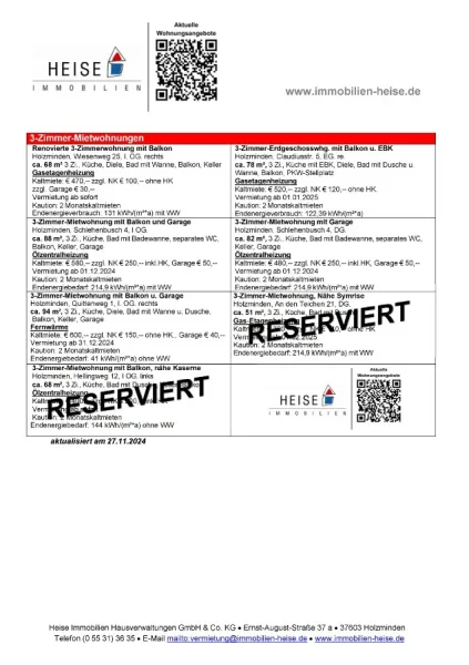 Mietübersicht Heise Immobilien - Stand 27.11.2024