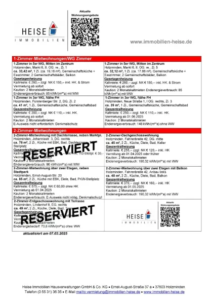 Heise Immobilien Holzminden - www.immobilien-heise.de - Wohnung mieten in Holzminden - *** UPDATE *** 14.03.2025 *** Aktuelle Mietübersicht ***  Heise Immobilien Holzminden