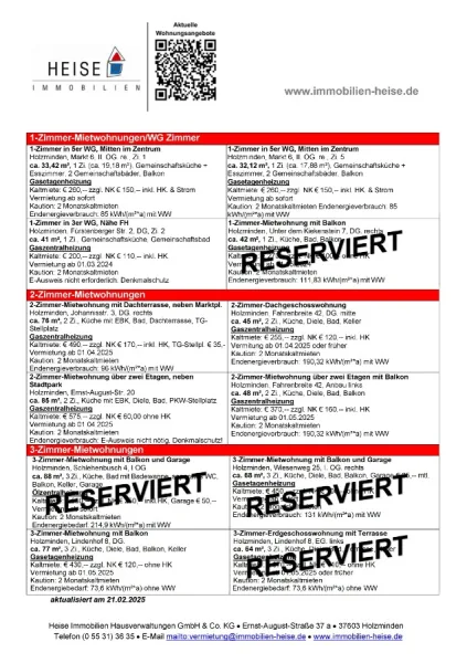 Heise Immobilien - Aktuelle Mietübersicht 21.02.2025 - Wohnung mieten in Holzminden - *** UPDATE *** 21.02.2025 *** Aktuelle Mietübersicht ***  Heise Immobilien Holzminden