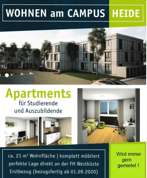 Campus Heide - Wohnung kaufen in Heide - Neuer Preis. Möbliertes 1-Zimmer-Apartment am Campus - 3x verfügbar-, mit Mietsicherheits-Vertrag.