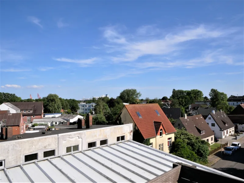 Ausblick von der Dachterrasse auf den Elbehafen