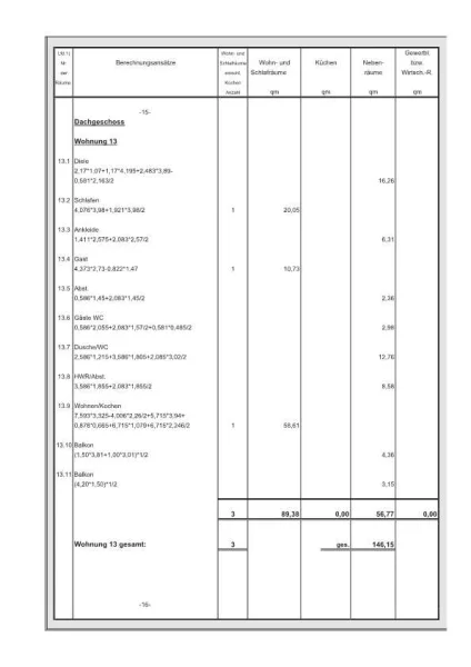 Wohnflächenberechnung Wohnung 13