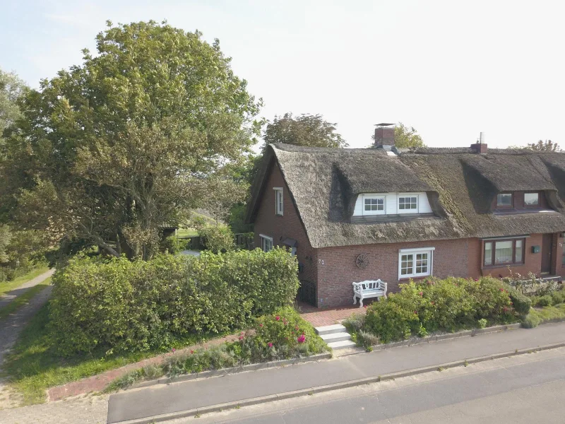 Hausansicht - Haus kaufen in Nordstrand - Unter Reet mit 2 Wohnungen in bester Deichlage mit Blick in die Marsch