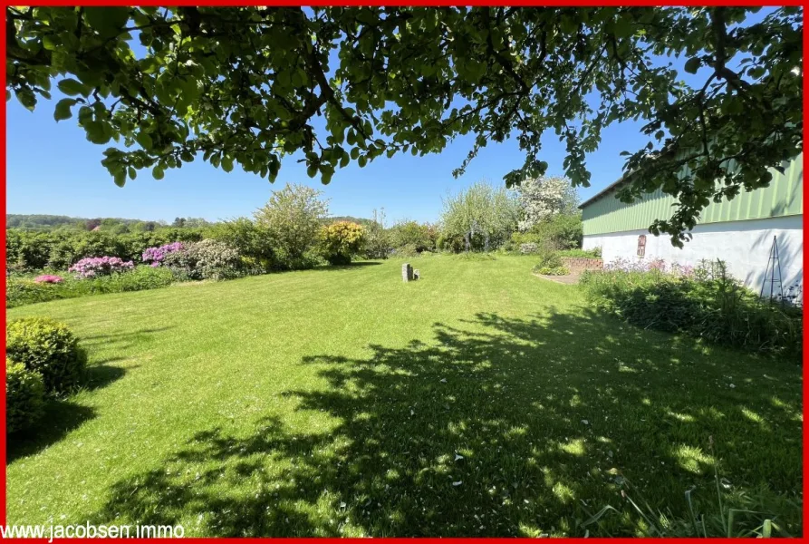 Blick in den Garten hinter der Halle