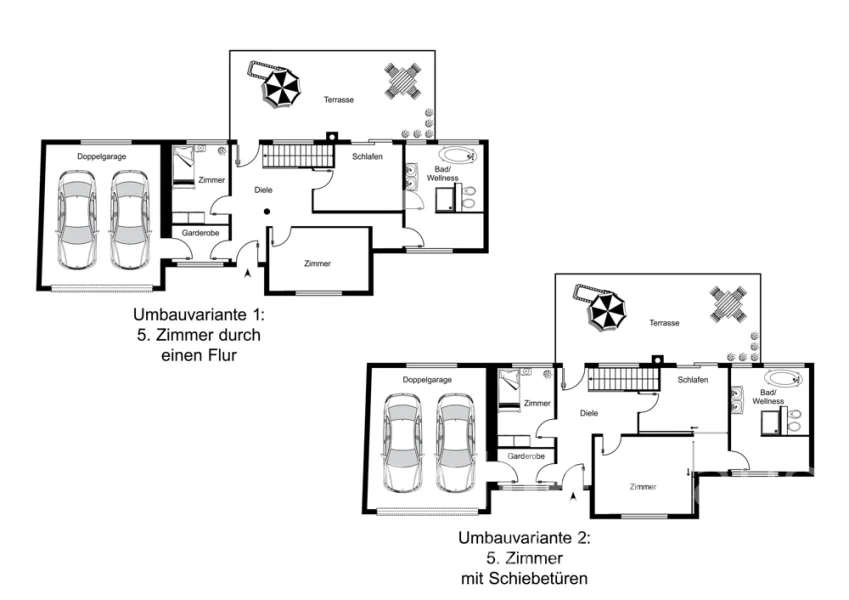 Grundriss Erdgeschoss 2 Umbauvarianten für 5. Zimmer 
