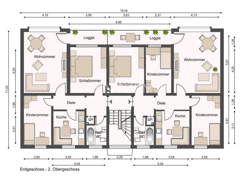 Grundriss EG bis 2.OG (beispielhaft)