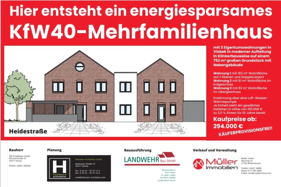 Bauschild visbek - Wohnung kaufen in Visbek - Neubau- ETW mit 5-Zimmern über 2 Ebenen- links auf knapp 163 m² Wohnfläche im KfW40 Standard in einem 3-Familienhaus 