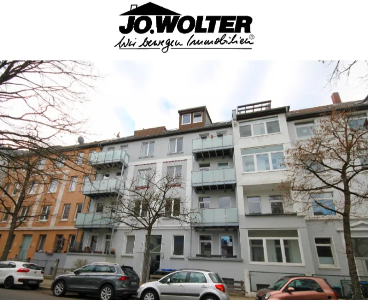 Ansicht mit Logo - Wohnung mieten in Braunschweig - 2 Zimmer Wohnung mit Balkon und Gemeinschaftsgarten