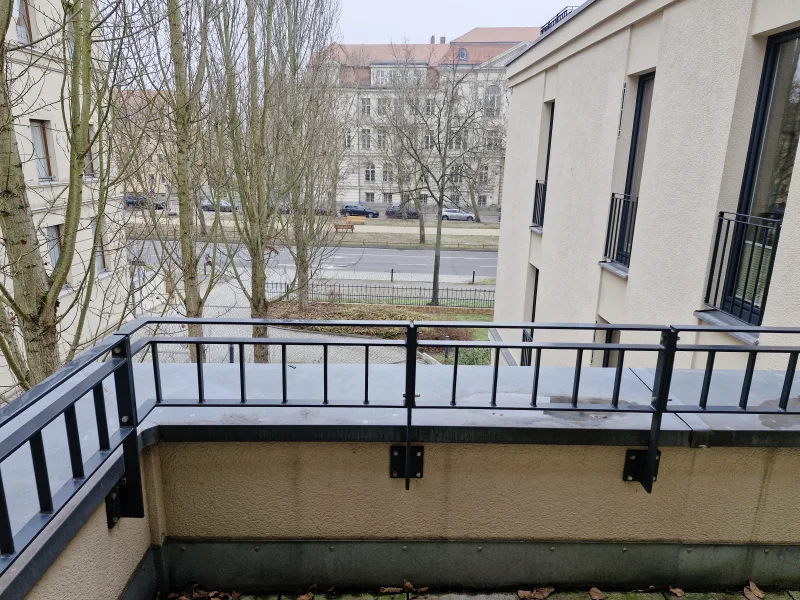 Blick vom Balkon zur Straßenseite mit schönem Baumbestand