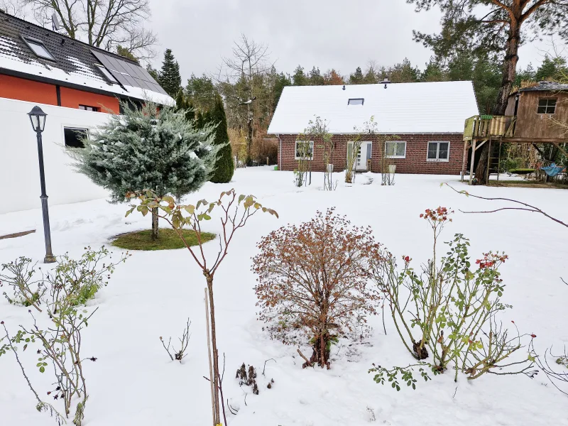 Blick auf Haus mit vorgelagertem Garten