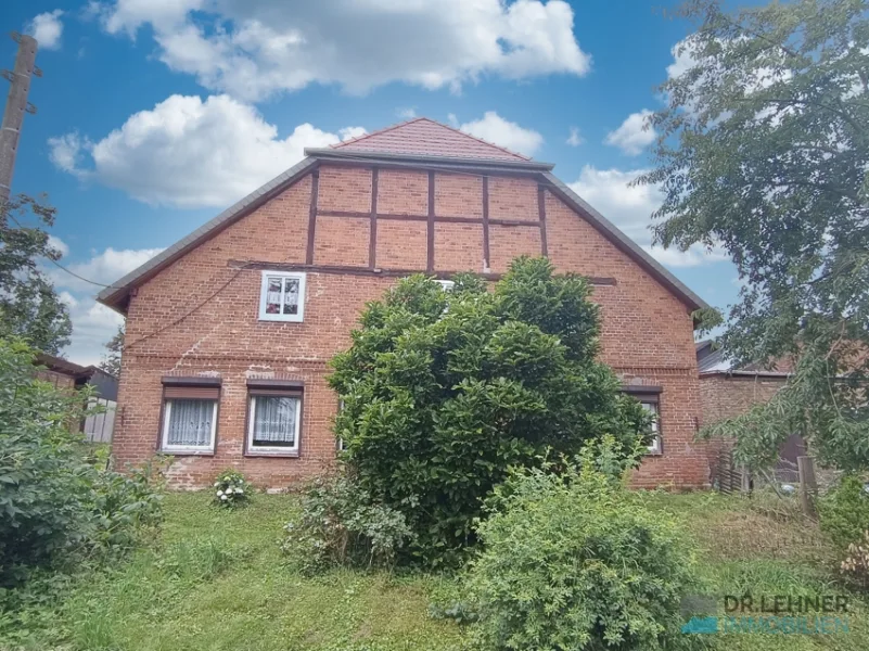 Giebel-hinten - Haus kaufen in Besandten / Baarz - Bauernhaus mit Stallungen und großem Gartenbereich-direkt am Elbdeich!