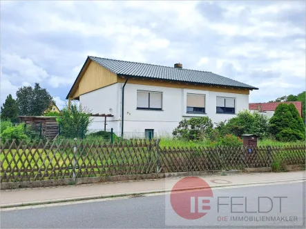 Außenansicht - Haus kaufen in Bennewitz - Teilsaniertes Einfamilienhaus mit großer Dachterrasse, Garage, Kamin, Teich und Balkon