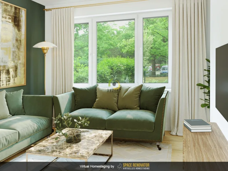 Beispielbild Wohnzimmer virtuelles Homestaging - Wohnung kaufen in Berlin - Optimal geschnittene 2-Zimmerwohnung im Hochparterre mit Garten - vermietet