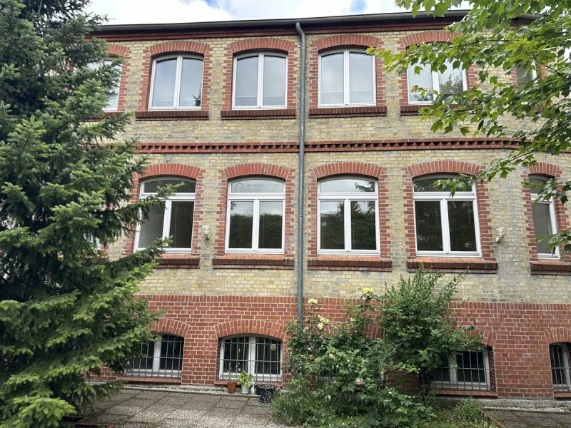 Blick zur Remise - Büro/Praxis mieten in Berlin-Treptow - Geräumige Büroeinheit mit Grünblick, in ruhiger und idyllischer Lage ***Laminatfußboden***