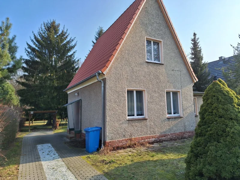 Blick zum Hauseingang und Carport