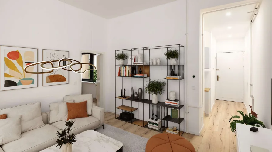 Visualisierung Wohnzimmer - Wohnung kaufen in Berlin - Charmante Altbauwohnung: Renovierte 2-Zimmer-Wohnung nahe Savignyplatz und Kudamm