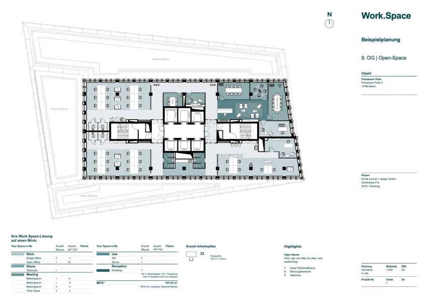 Grundriss 9.OG - Beispielplanung Open Space