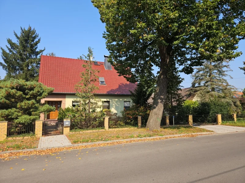 Straßenansicht  - Haus kaufen in Drahnsdorf / Falkenhain - Wohnhaus mit Sauna und einer Parklandschaft