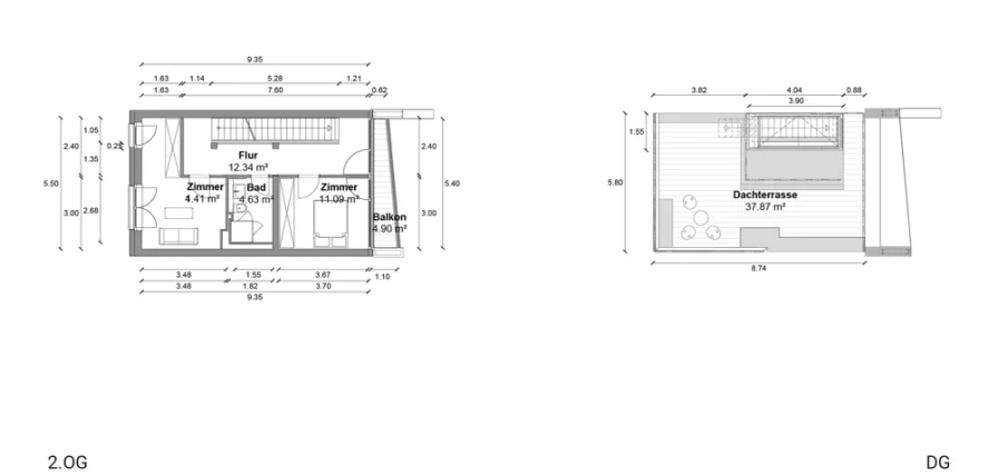 Grundrisse 2.OG + Dachterrasse