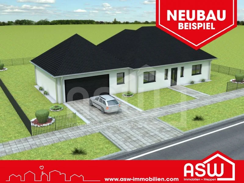 2506 Neu - Haus kaufen in Herzlake - Musterhaus! Neubaubungalow mit Doppelgarage und freiem Feldblick in Südlage