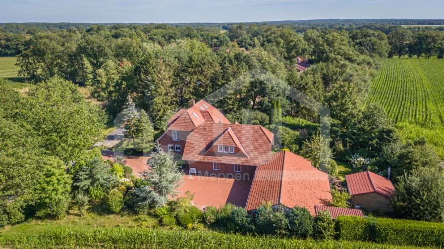 Seitenanischt - Haus kaufen in Löningen - zwei Einfamilienhäuser mit 4 Garagen auf großem Grundstück mit freiem Feld- und Wiesenblick!