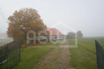 Einfahrt + Seitansicht - Haus kaufen in Millienhagen-Oebelitz - renovierter Resthof mit Pferdeboxen, kleinen Stallungen und freiem Feld- und Wiesenblick!