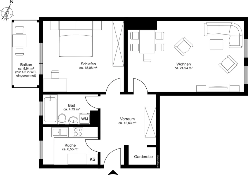 Die Wohnfläche beträgt insgesamt 69.96 qm / Der Balkon ist mir 2,97 qm in die WFL eingerechnet